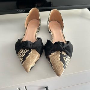 J. Crew Beige Snakeskin Flats with Black Bow
